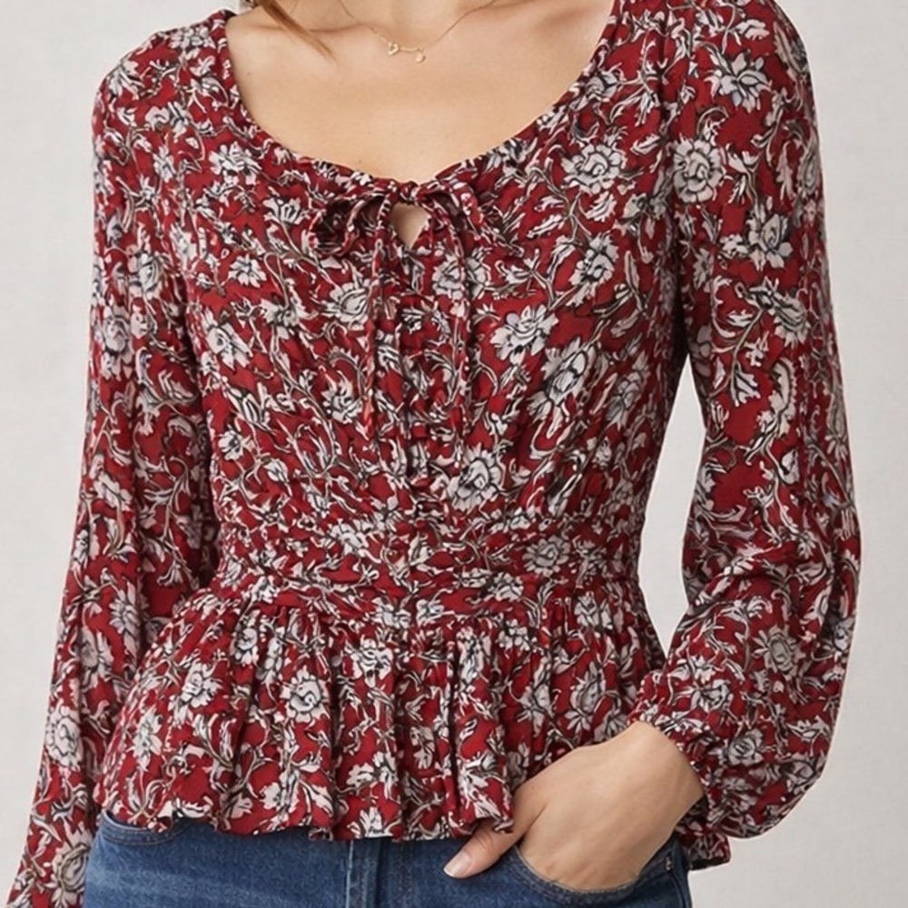 Anthropologie Feather Bone Latrobe Floral Lace Up Smocked Peplum Blouse 2 Boho
